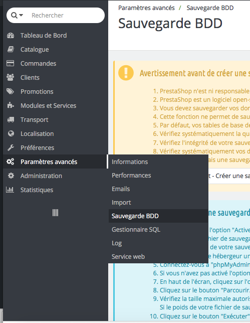 Sauvegarde Base de Donnée - Prestashop