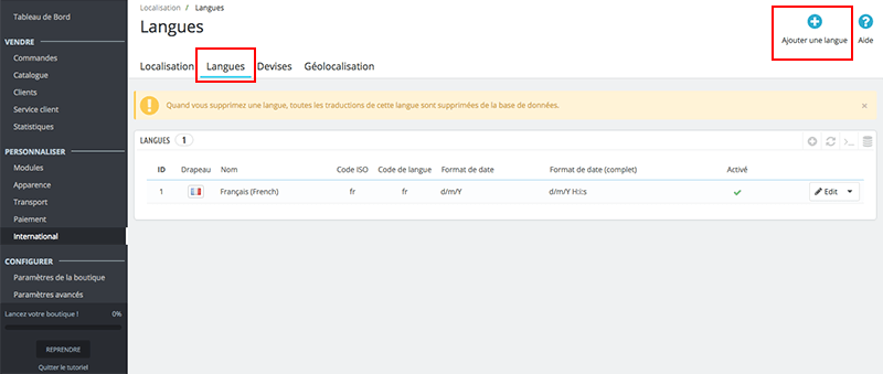 Comment paramétrer une langue dans Prestashop